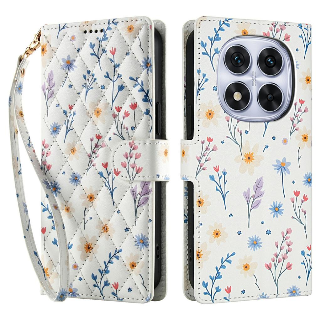 Für Xiaomi Redmi Note 14 Pro 4G Brieftaschenhülle Rhombisches Blumendesign Leder Klapphandyhülle mit Riemen