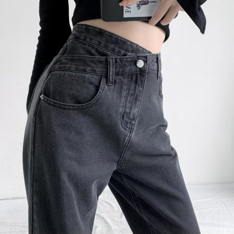 Women's High-Waist Blue-Gray Wide-Leg Jeans: New Spring/Autumn Styles, Cross-Waist, Small Size, Loose, Versatile, Floor-Length.