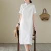 Elegant Cotton Linen Qipao Dress - Women's Stand Collar Short Sleeve, Summer 2024 Collection
