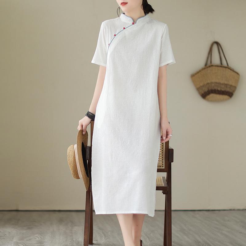 Elegant Cotton Linen Qipao Dress - Women's Stand Collar Short Sleeve, Summer 2024 Collection