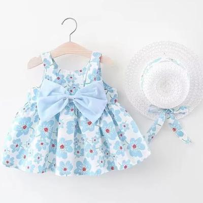 2-teiliges Set mit Blumenkleid für Mädchen, süßes Sommerkleid mit Schleife, Kleinkinder, Strandkleid für Kinder im Alter von 1–3 Jahren, Neugeborenen-Kleidung + Hut
