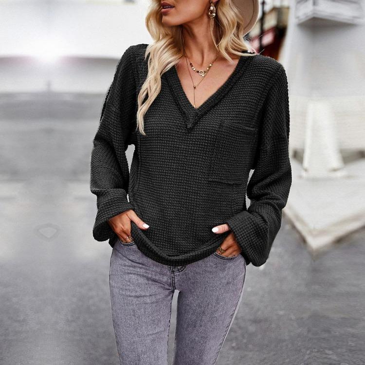 Autumn Winter Women Solid Color V Neck Knit Sweater Long Sleeve Top