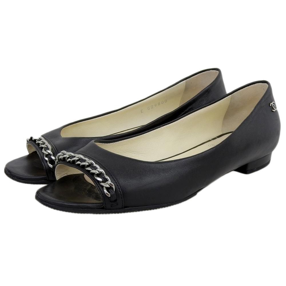 CHANEL CC Logos Chain Design Open-Toe Leather Pumps, Women's, Black x Silver, Size 36C, 14P, G29800 shoes 36C Black / SilverUsed