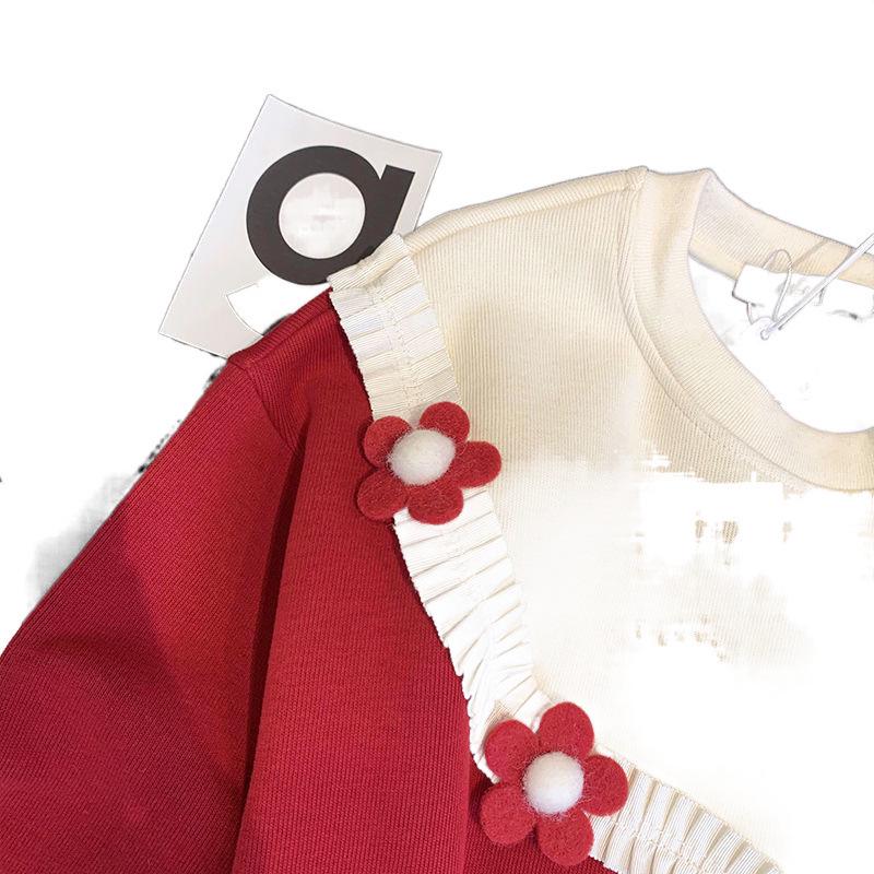 Plus Size Women's Red Fleece Lined Color Block Sweatshirt - Autumn/Winter Thick Long Sleeve Top, 300 Jin Design