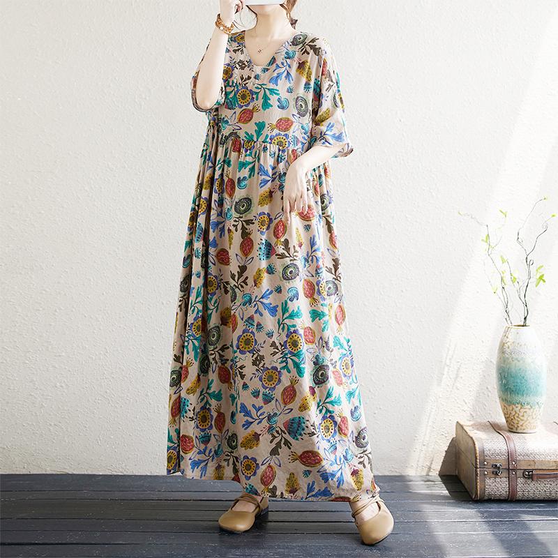 Manga curta plus size vintage floral novo em vestidos para mulheres casual solto longo vestido de verão