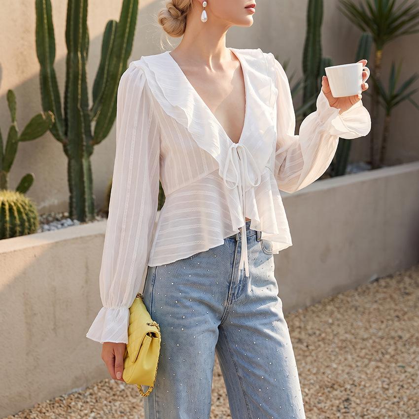 1116 Autumn White Cotton Jacquard Shirt Women's V-neck Retro Loose European and American Design Casual Long-sleeved Top