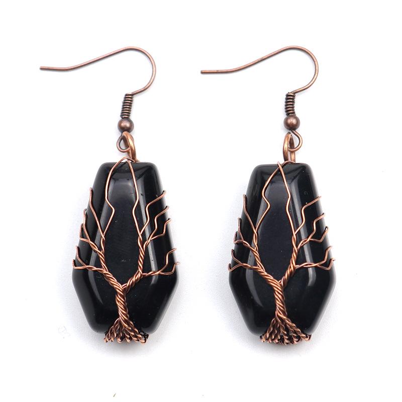 Handmade Agate Coffin Board Tree of Life Earrings - Natural Stone Crystal Dangle for Wealth and Harmony.