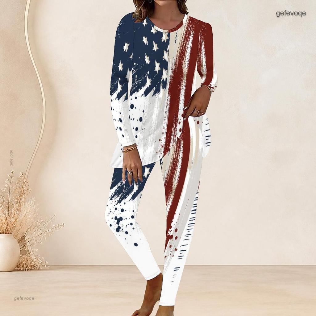 Women Plus Size Round Neck Long Sleeve Red White Blue Flag Printed Longline Top Fitted Pants Two Piece Set
