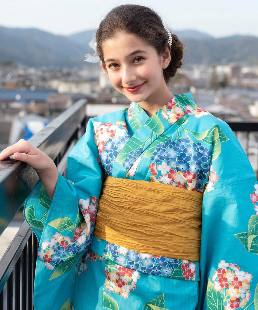 Yukata Retro Change Set Heiko Girls In the Summer [KYOETSU] Set, Girls, Junior, C, Weave, 2-piece (Yukata, Obi), (140cm, 2.Hydrangea Sky)