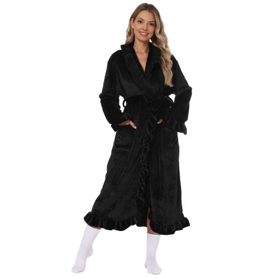 Dames Pluizige Ruche Badjas Zachte Fleece Sjaalkraag Kimono Badjas Winter Pluche Warm Huispak met Zakken