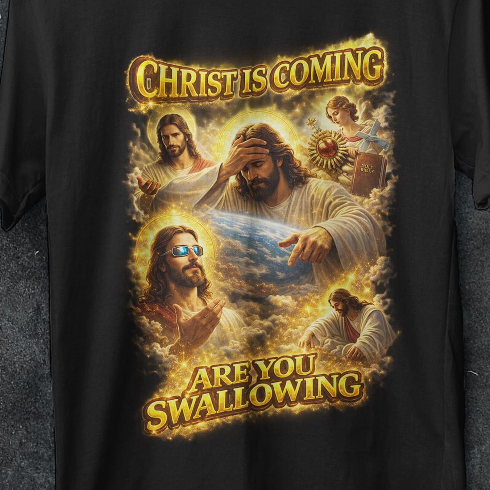 Christ Is Coming Are You Swallowing tee, Funny Jesus, Meme Bootleg, Graphic T shirt, Unhinged Shirts, Funny meme t shirt, Offensive T shirts 4XL