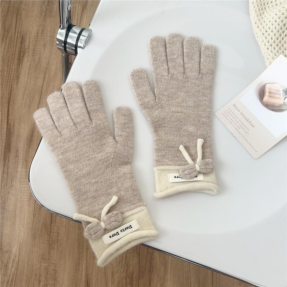 Bow Gloves for Women In Winter Korean Style Versatile Student Cute Five Finger Wool Knitted Couple Men Warm Riding