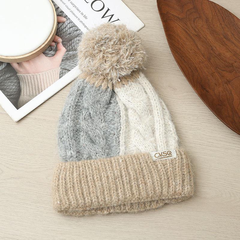 

Уличная шапка-пуловер с защитой ушей, женская, толстая вязаная шерстяная шапка с сочетанием цветов, зимняя, для уличной езды на велосипеде, спортивная, теплая шапка one size