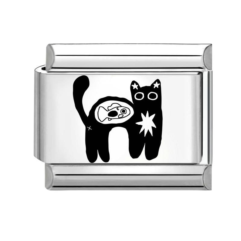 Laser Engraving Black Cartoon Cute Cat Dog DIY Italian Charm Links Fit 9mm Stainless Steel Bracelet Women Jewelry Making Gifts