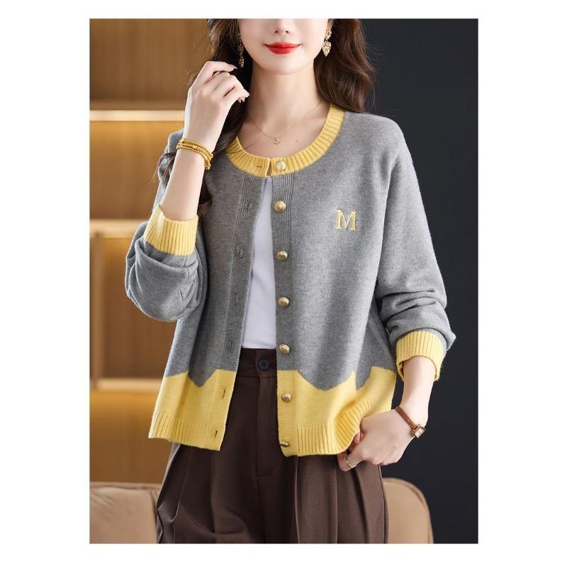 Colorblock Cardigan for Women 2025 New Autumn Design Versatile and Stylish Round Neck Sweater Sweater Jacket