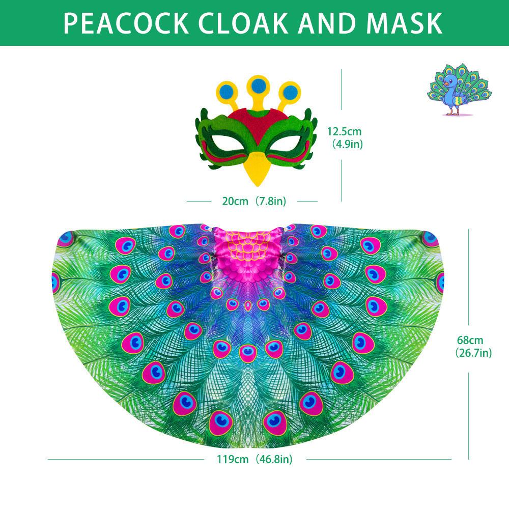 

Childrens Peacock Costume Set With Mask And Wings For Halloween And Party Dress Up зелёный