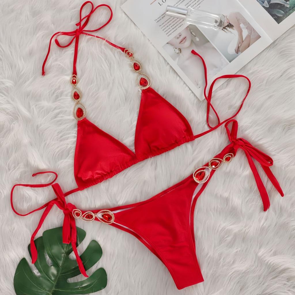 Damen Zweiteiler Bikini Set Verstellbare Binde Seiten Kein Bügel BH Badeanzug