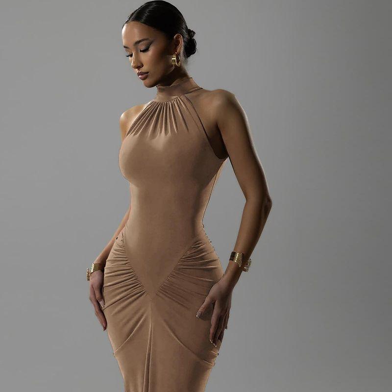 

# Sisjuly# Black Beauty Elegant Elegance Stylish Shell Ruched Hourglass Halter Spaghetti Straps Dress Female Khaki L