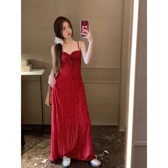 

[Shoulder strap adjustable + rear pick-up] floral dress dress women s clothing summer Spice Girl a-word skirt suspender skirt seaside length XL червоний