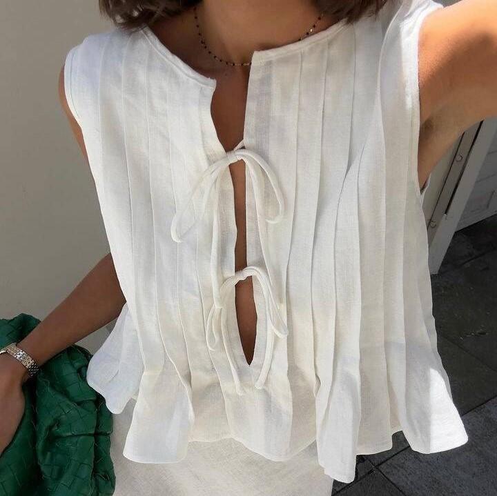 

Women s Sleeveless Striped Tie-Front Cutout Blouse Casual Summer Top XS белый