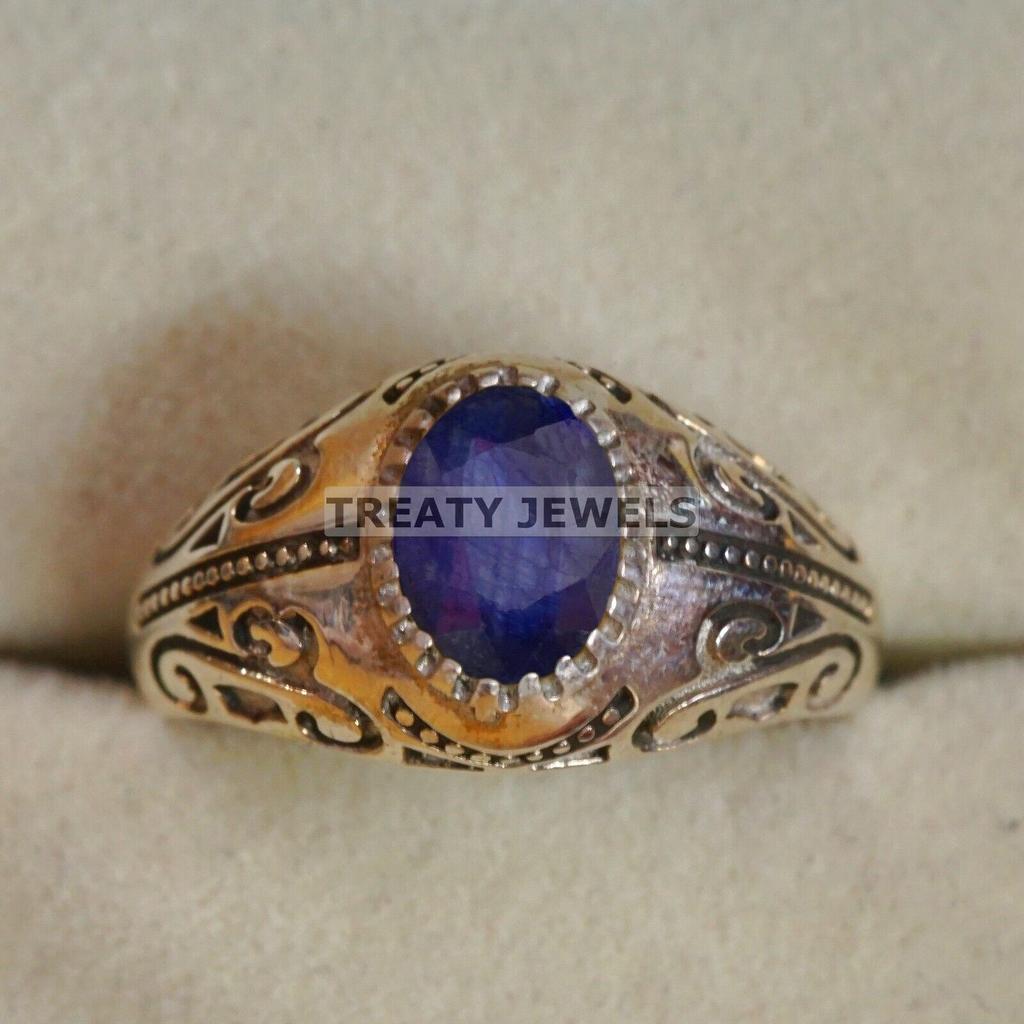 Blue Sapphire Oval Cut Gemstone With 925 Sterling Silver Ring For Men's #B581 JL375686463723