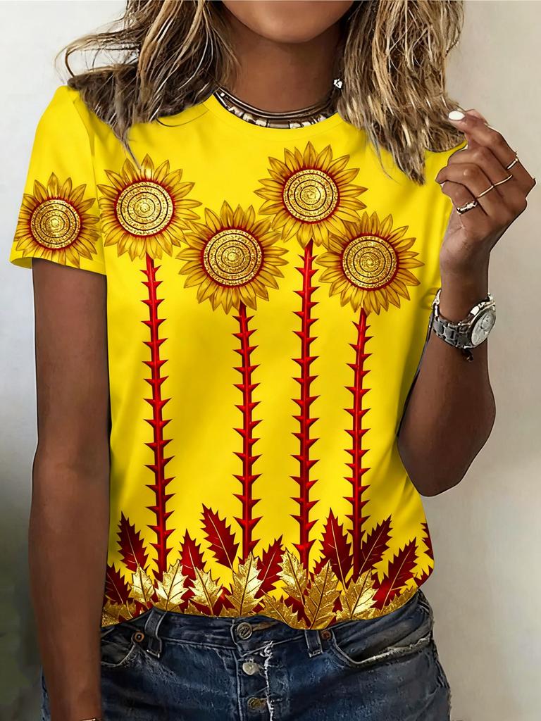 Summer Ethnic Floral 3D Print T-Shirts Women's Streetwear Round Neck Short Sleeve T Shirt Tees Harajuku Y2K Tops Female Clothing