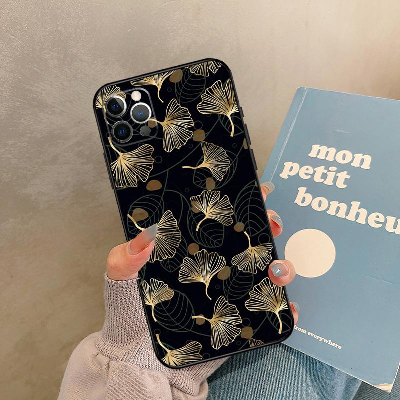 Ginkgo Leaf Gold Fol Art Case For iPhone 17 Air 16 15 14 13 11 12 Pro Max 13 mini XR 15 16 Plus 16e Back Cover Shell