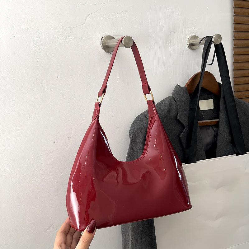 Glossy Shoulder Bag Fashion PU Leather Solid Color Messenger Bag Purse Women Shoulder Bag Hobo Handbag AVE
