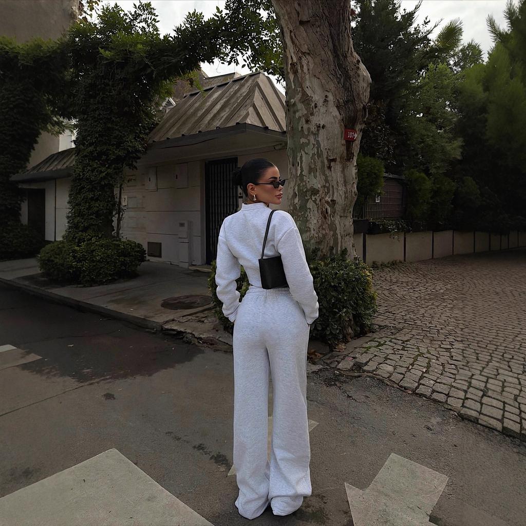  American Foreign Trade Women's Wear, Amazon Cross-border Autumn New Lapel Long Sleeve Sports Zipper Pocket Sweatshirt Casual Pants