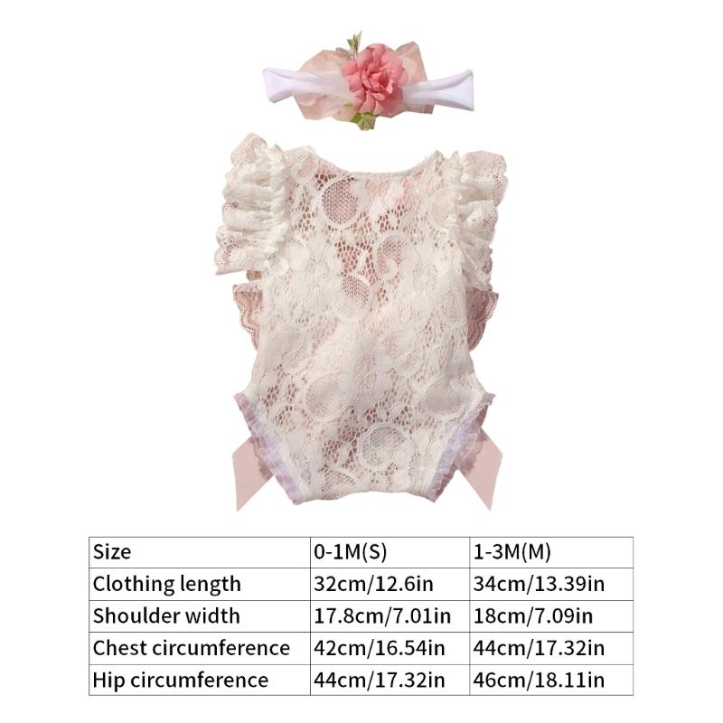 Infant Lace Backless Bodysuit Sleeveless Romper with Bowknot Flower Headband Photo Props for Photoshoots And Parties