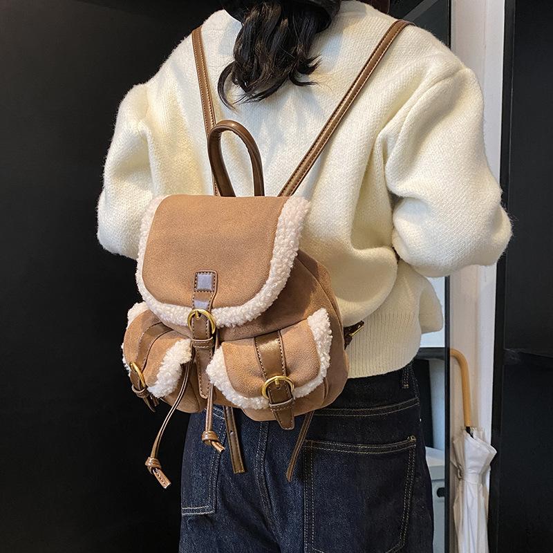 Textured Matte Retro Backpack Women's New Winter Matte Backpack Student Class Schoolbag Bucket Bag