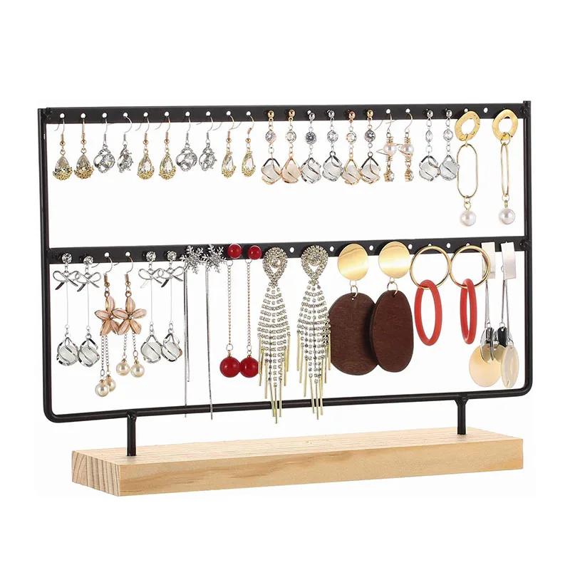 

2-Tier 46 Holes Earring Display Holder,Metal 2 Layers Jewelry Storage Organizer Wood Stand Tree,Ear Stud Rack Gift for Women