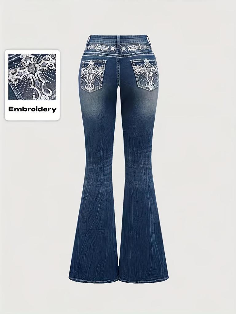 Jeans da donna slim micro-svasati con tasche ricamate e lavaggio scuro
