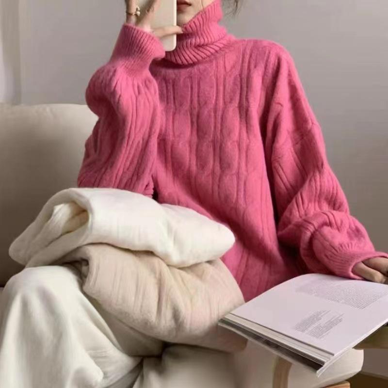 Autumn and winter turtleneck twist sweater women's inner lining solid color casual lazy loose outer top knitted sweater