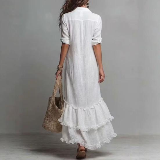 Women's 46085 Sleeve Button Dress Layered Down Maxi Ruffle