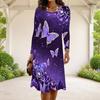 Women Plus Size Round Neck Long Sleeve Blue Beige Paisley Printed A Line Dress