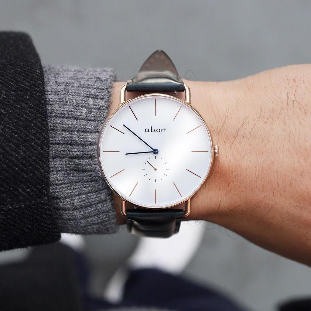 Quartz Watch with Swiss Sapphire White Black Leather Slim Water Minimalist Perfect for Business 41mm A.b.art Men's Movement, Crystal, Dial, Strap,