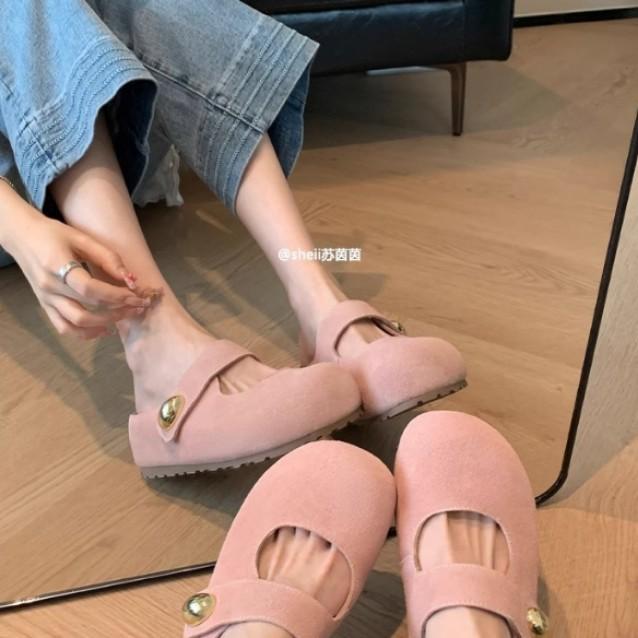 Versatile new calf velvet inner heightening platform Mary Jane Birkenstocks half slippers summer