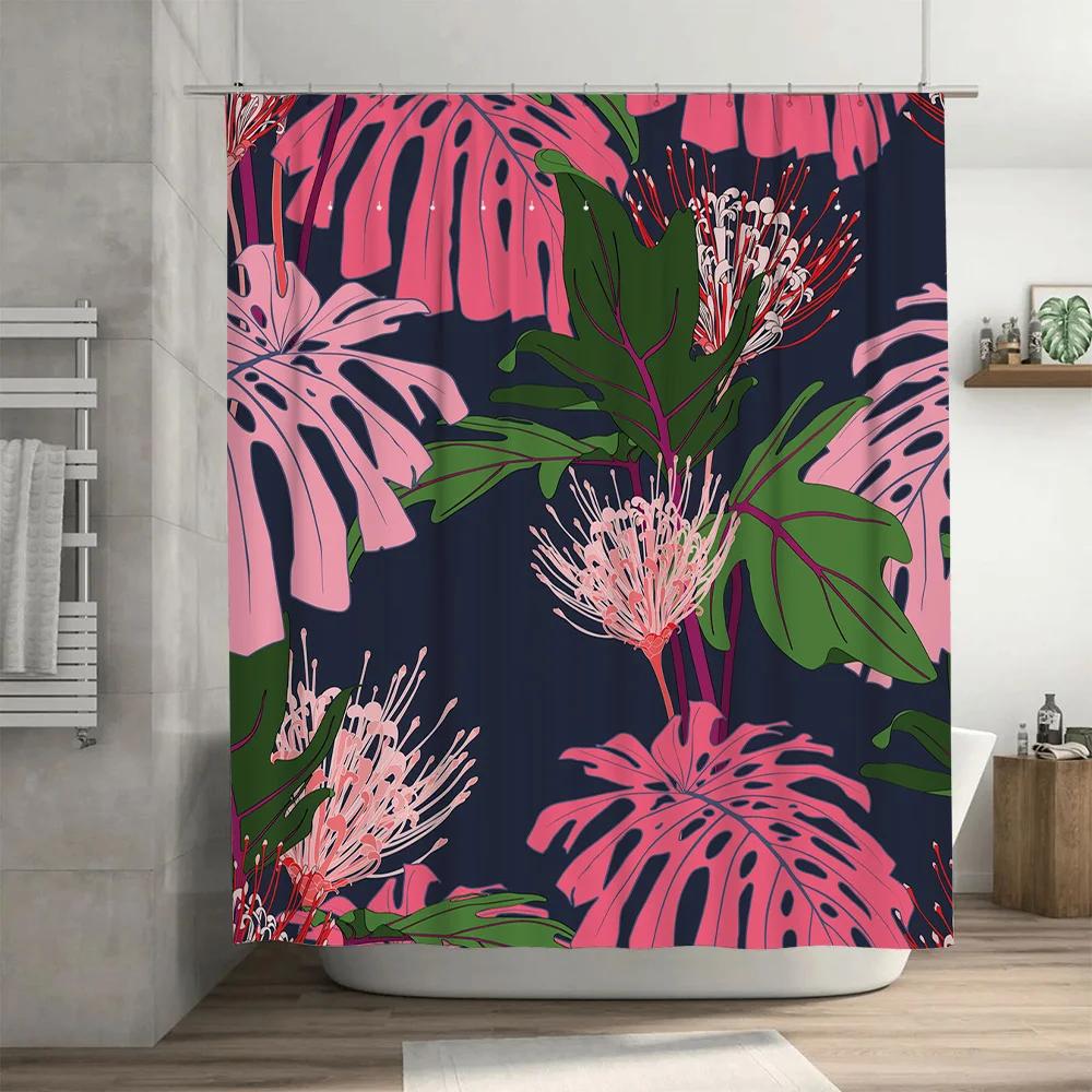 Colorful Tropical Leaf Shower Curtain Modern Stylish Floral Print Bath Decor for Home Decoration Pink Green Black Water Repellen