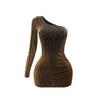 Women's Spring Autumn New Sexy Sequin One Shoulder Mini Dress Long Sleeve Ruched Bodycon Slim Fit Elegant Evening Party Night Club Cocktail Dress