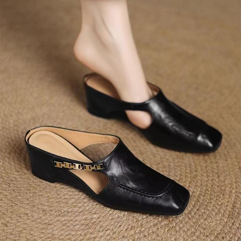 Fashion 2025 New Retro Style Baotou Women's Sandals Half Slippers Square Toe Inside Heightening