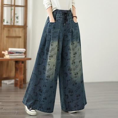 Plus size Vintage kwiatowy wysoki stan swobodny luźny Kobiety wiosna lato jesień dżinsy denim szerokie nogawki Spodnie