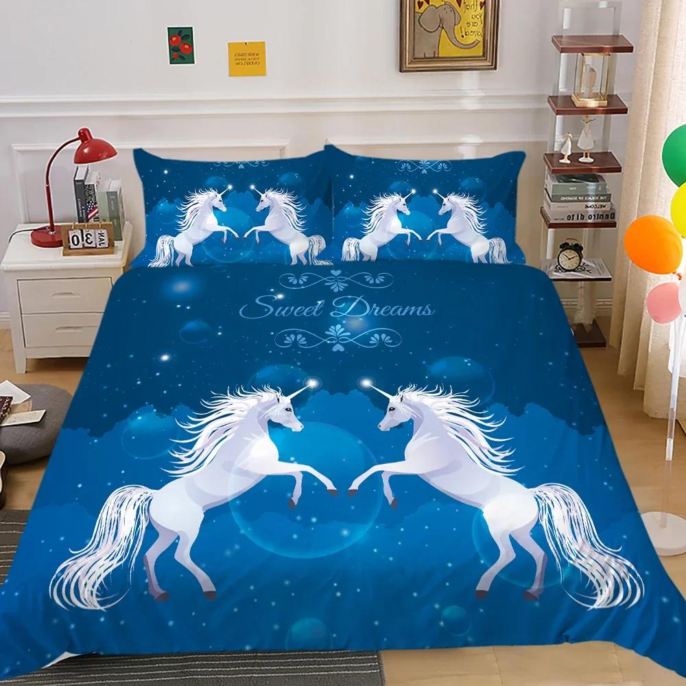 Jednorožec King Queen Povlak na přikrývku Kreslené zvíře Rainbow Universe Sada povlečení pro děti Teen Cosmic Starry Sky Polyester Povlak na přikrývku