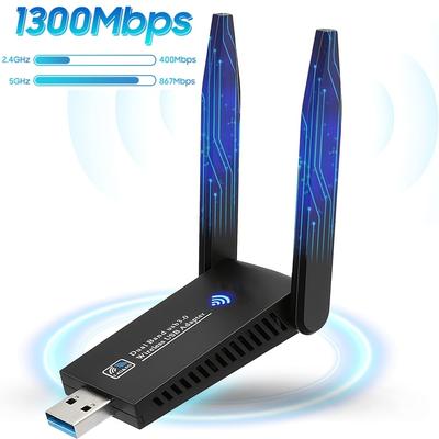 מתאם USB WiFi, מתאם אלחוטי AC1300 למחשב שולחני, אנטנות Dual Band 5Dbi 1300Mbps, תמיכה ב-2.4G ו-5G (400Mbps/867Mbps) כרטיס רשת