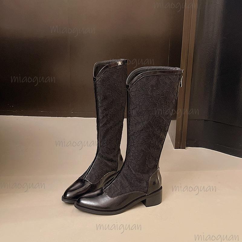 PU Leather Flower Hollow Out Thigh High Boots Breathable Ladies Summer Boots White Black Knee-High Botas Chunky Heeled