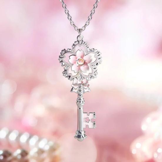 Cherry Blossom Key Necklace Pendant Pink Enamel Alloy Choker Romantic Jewelry Gift for Women Girlfriend Mom