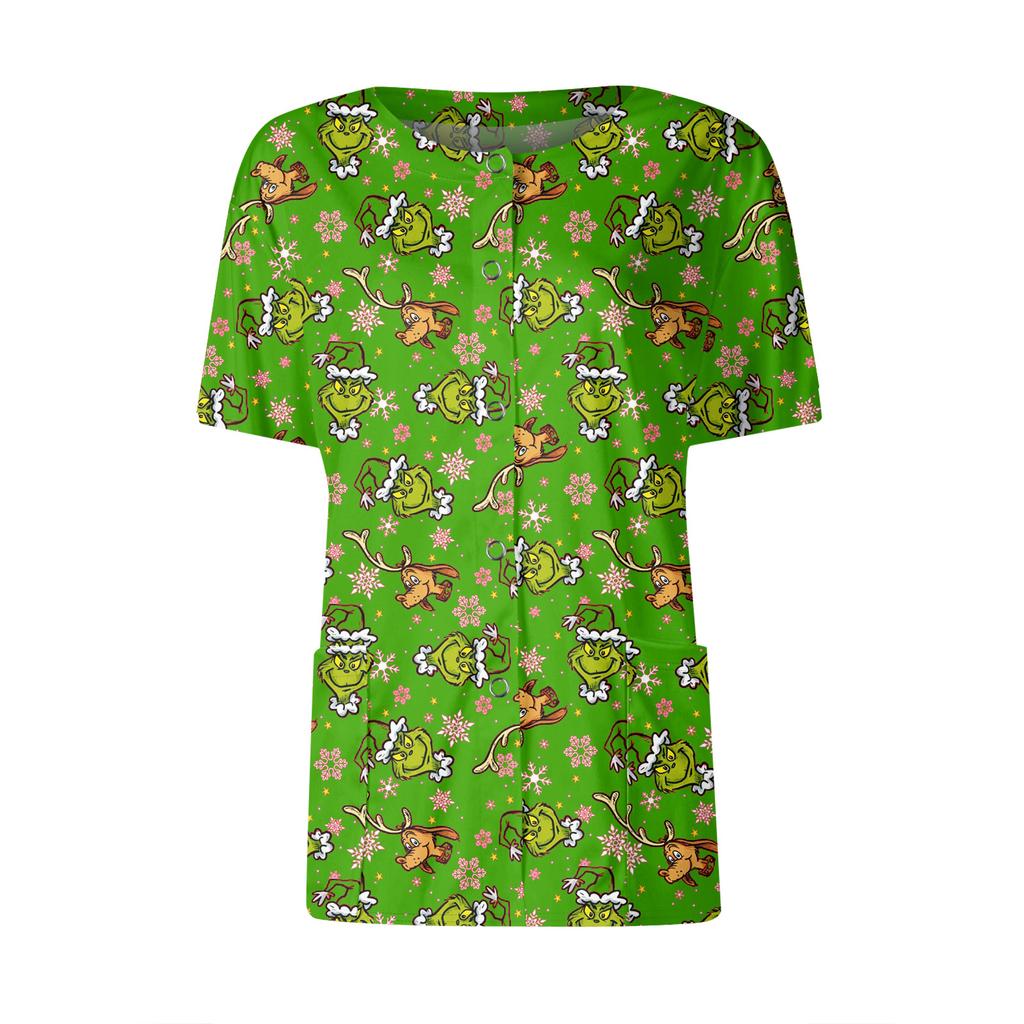 Women's Short Sleeved Patterned Pockets, Work Print Stand Up Collar, Single Breasted Protective Clothing, Cardigan Jacket, Top
