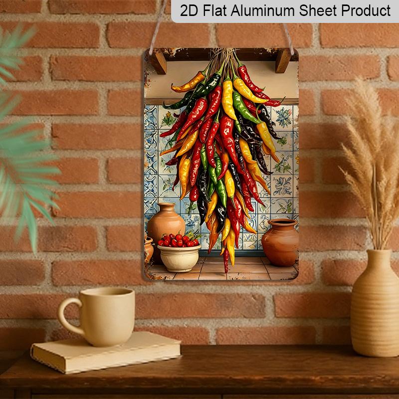 2D Flat 1pc Vintage Chili Pepper Harvest Metal Wall Art-12x8 Inch Rustic Aluminum Tin Sign with Vibrant Red, Green, Yellow, Orange & Chili Peppers