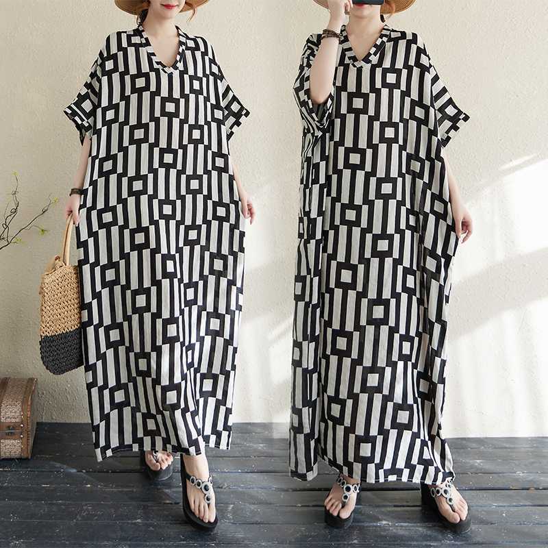 Sommarfärg Rese V-ringad Retro Lång Kjol Bomull Linne Klänning