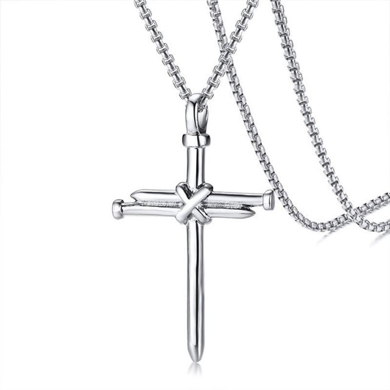 Nail Cross Pendant Necklace For Men Hip Hop Punk Style Copper Color Stainless Steel Chain Christian Church Baptism Party Jewelry